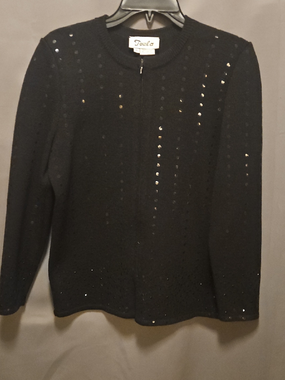 Vintage Toula Zip-Front Sweater Womens Sz 6 Black Sequence Front, Back & Sleeves